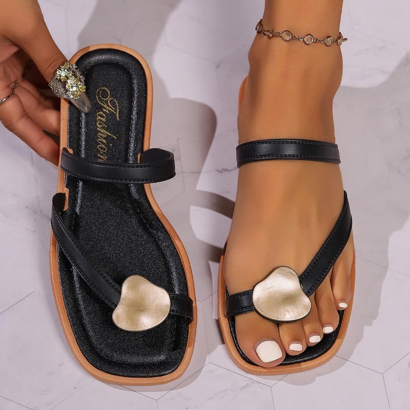 Fashion Women's Fashion Flip-flops Summer New Square Head Open Toe Metal Buckle Soft Sole Non-slip Flat Shoes