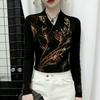 De Rong Women's Elegant V-Neck Long Sleeve Shirt with Hot-Drilled Details - Autumn/Winter Collection