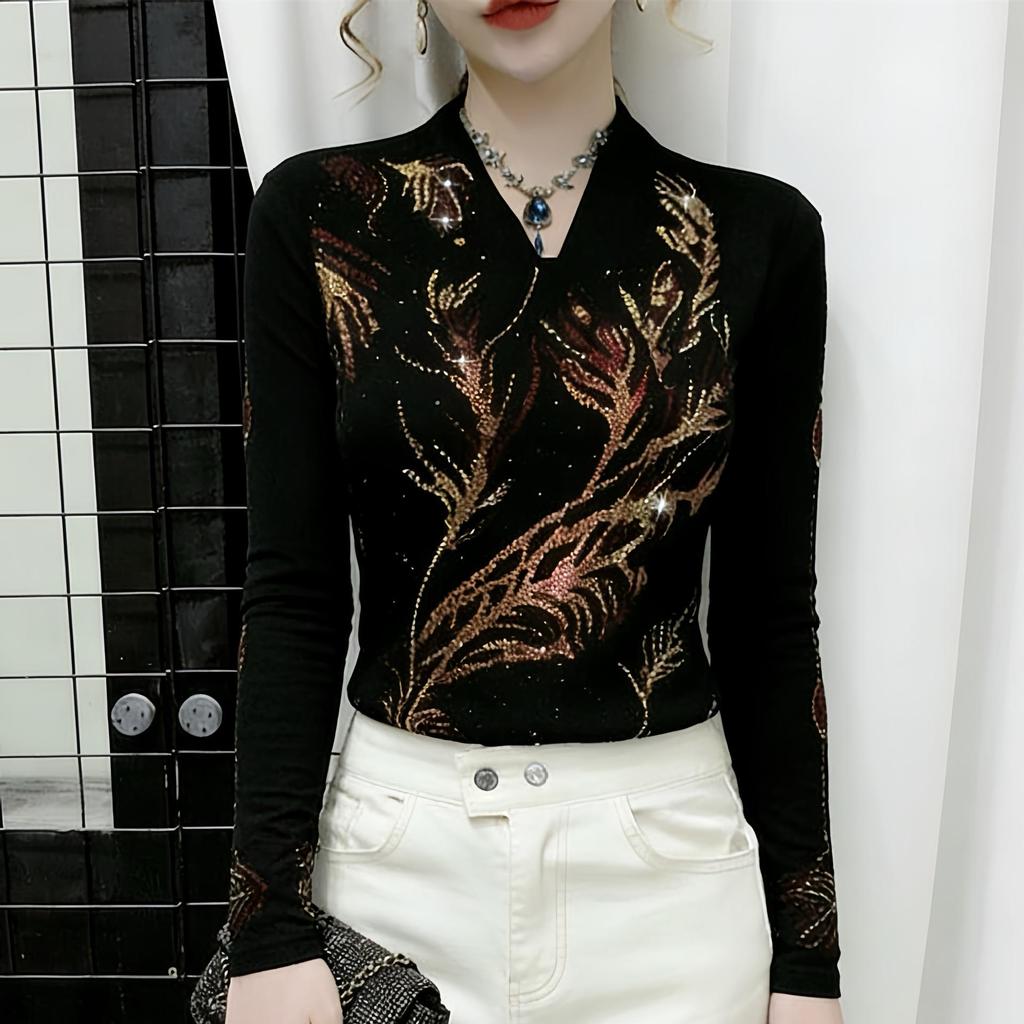 De Rong Women's Elegant V-Neck Long Sleeve Shirt with Hot-Drilled Details - Autumn/Winter Collection