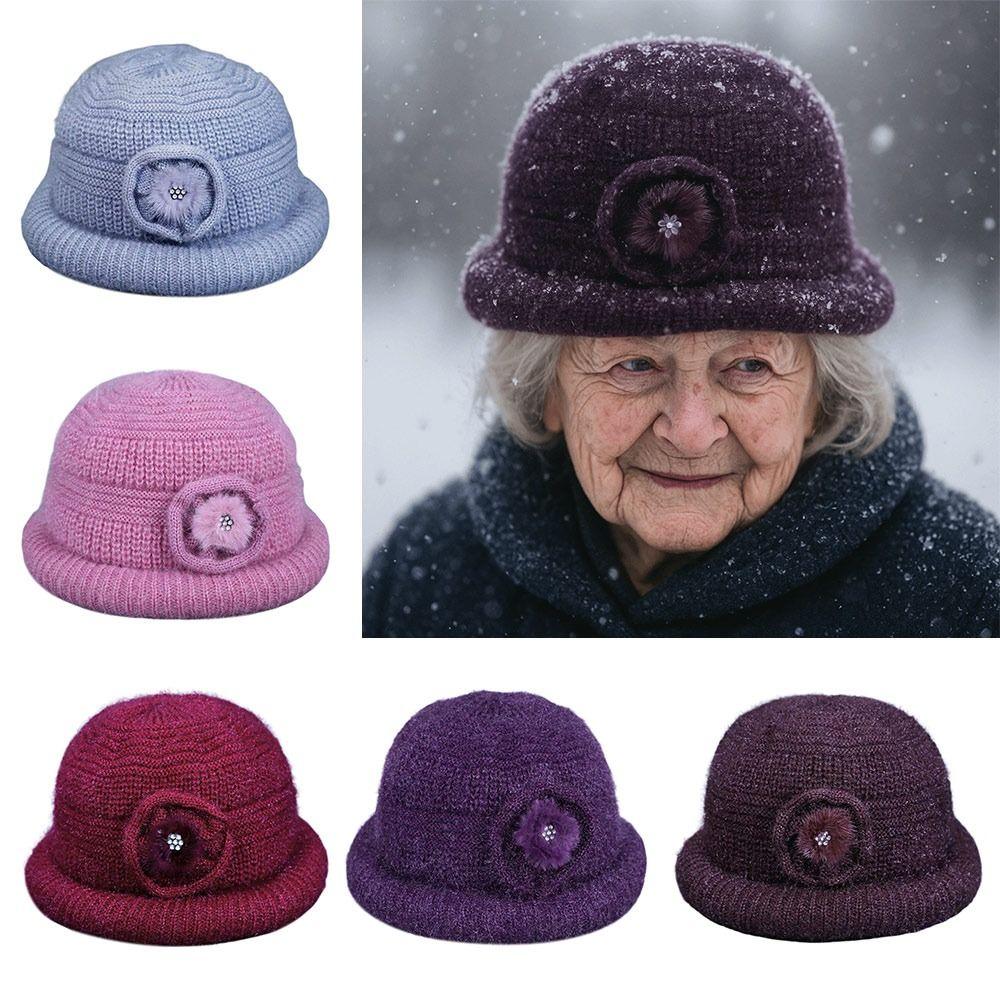 New Flower Decor Knitted Hat Thickened Coldproof Plush Warmth Hat Big Size Winter Cap Middle-aged And Elderly