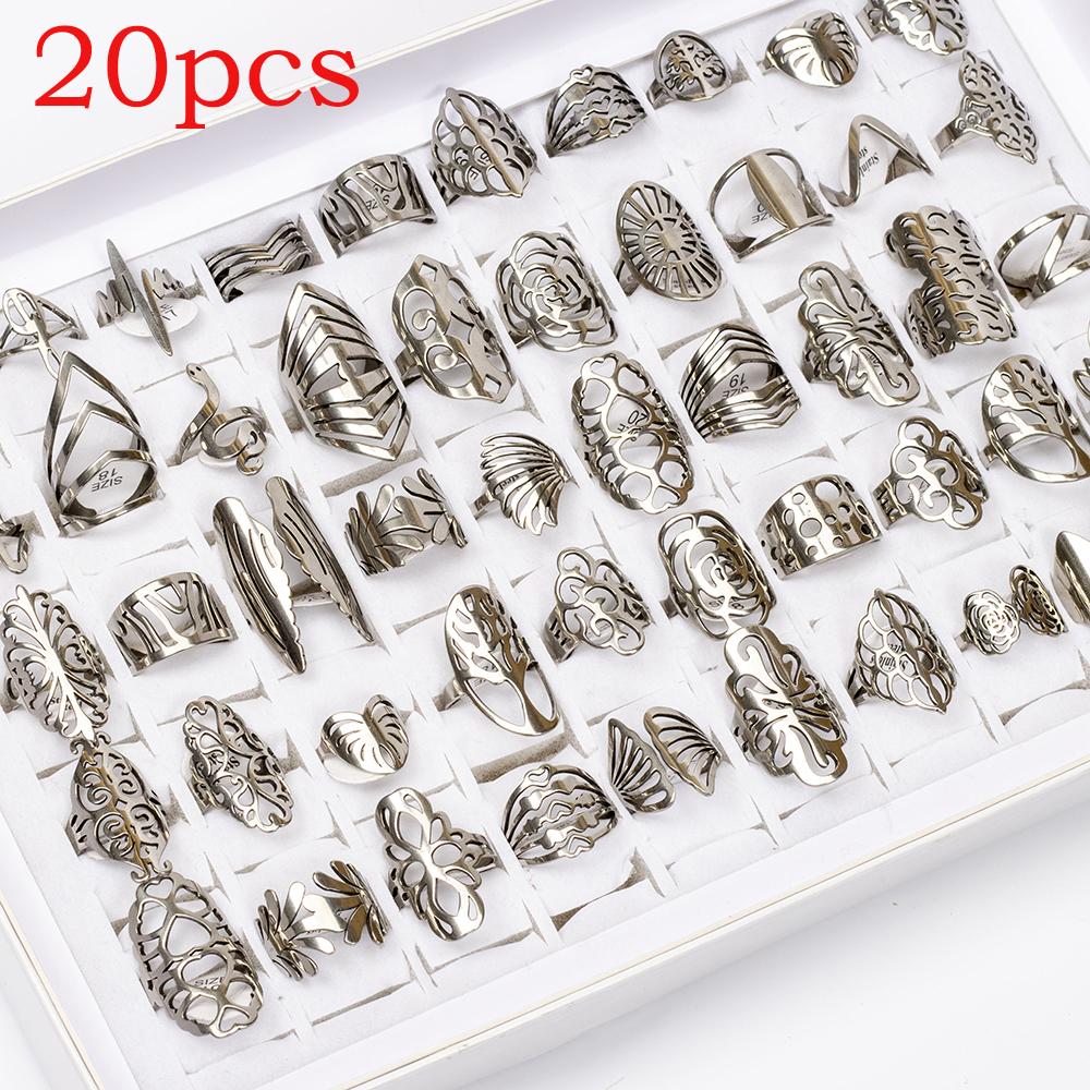 20pcs/lot Women's Fashion Stainless Steel Big And Small Hollow Cut Jewelry Rings Mix Love Flower Heart Style For Party Gift
