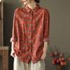 Blusa de lino y algodón retro de primavera y otoño para mujer, camisa con estampado floral, blusa holgada de manga larga de gran tamaño con estilo artístico vintage