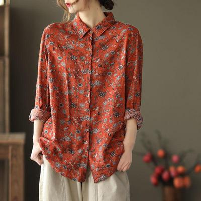 Wiosna Jesień Retro Bawełna Lniany Top dla Kobiet Koszula Z Nadrukiem Kwiatowym Vintage Artystyczny Luźny Oversize Długi Rękaw Bluzka