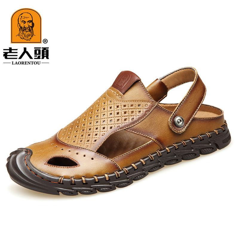 Old Man Head Leather Sandals First Layer Cowhide Beach Shoes Summer New Men's Breathable Casual Bag Head Sandals Dual-purpose