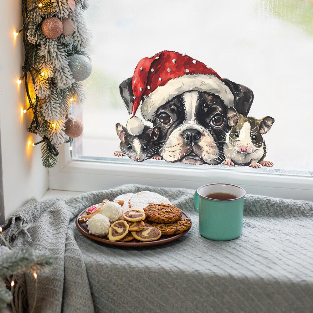 Weihnachts-Welpen und Mäuse, die spähen, Heimdekoration Glasfenster Fensteraufkleber