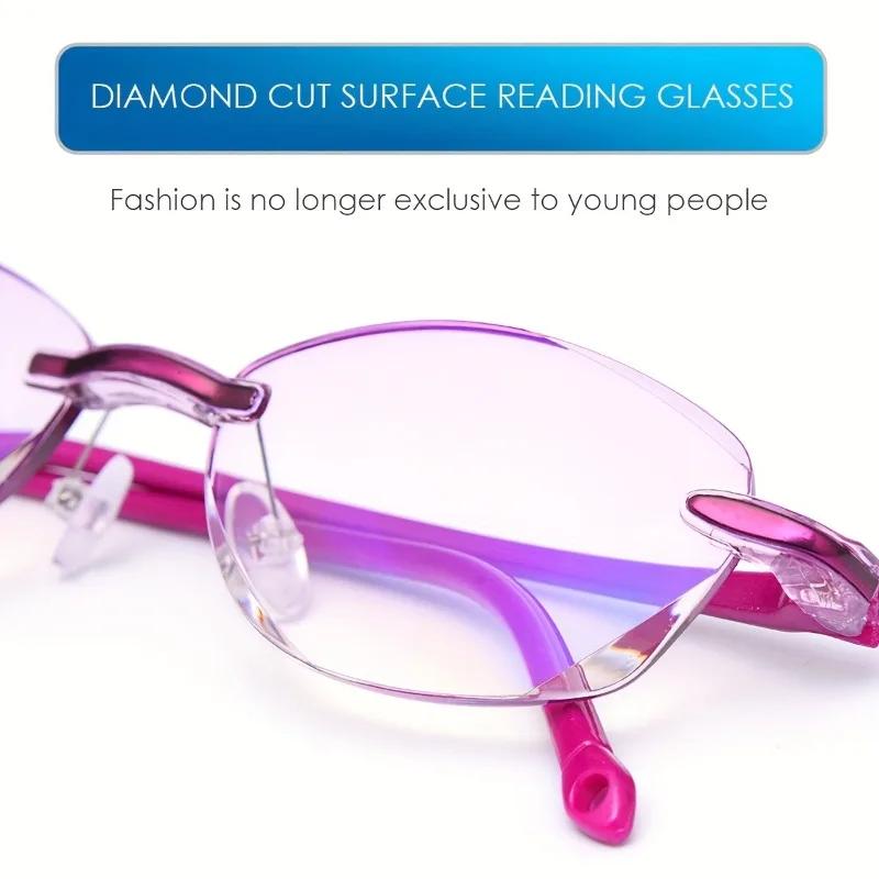 1pc Frameless Reading Glasses for Women Fashion Diamond Cut Edge Anti Blue Light Lens Stylish Eyewear