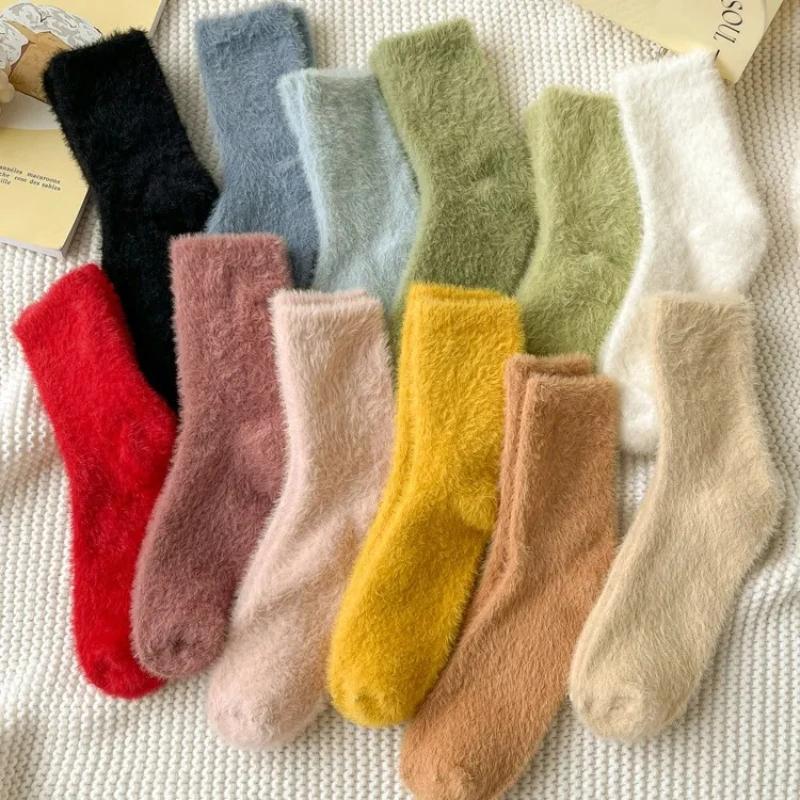 Women Mink Velvet Candy Color Socks Soft Super Elastic Velvet Thicken Warm Plush Winter Autumn Floor Fleece Mid-tube Stocking