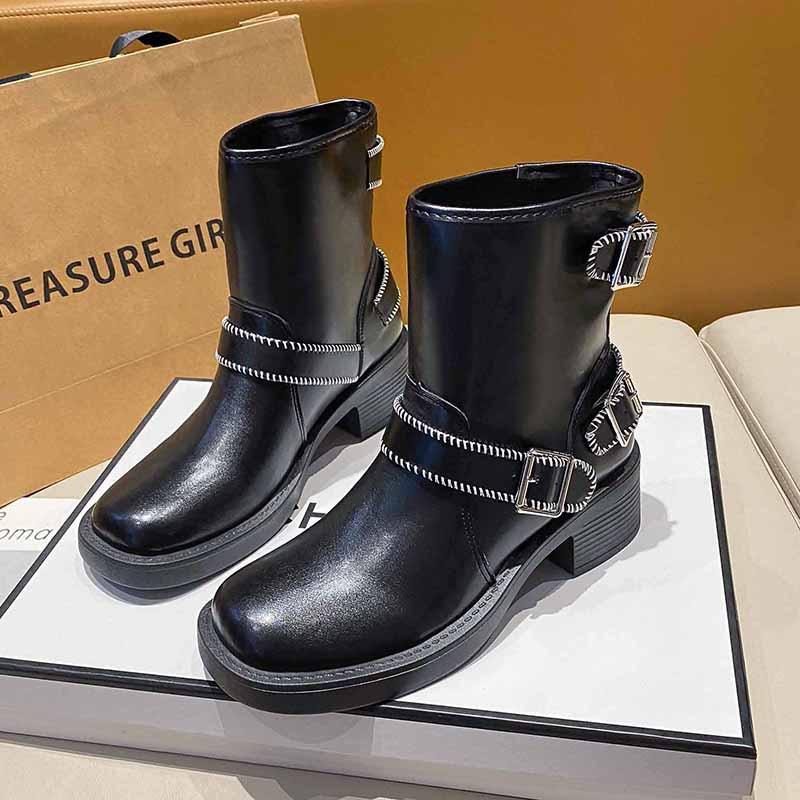 

Maillard style handsome belt buckle round head thick heel knight boots 2024 autumn simple Korean version versatile short boots 35 чёрный