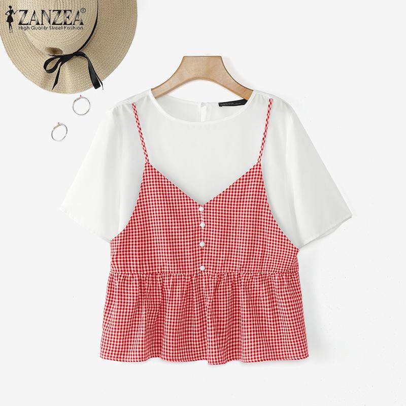 ZANZEA Women Casual Fake Two Piece Patchwork Grid Print Short Sleeve T-Shirts