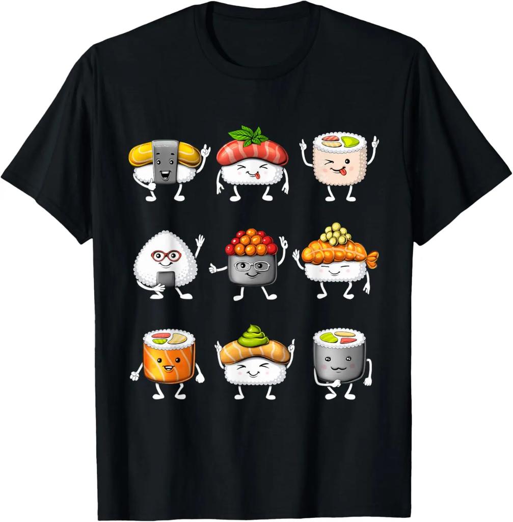 Funny Kawaii Sushi Characters Graphic Tee Cute Japanese Food Lover Cotton Short Sleeve TShirt