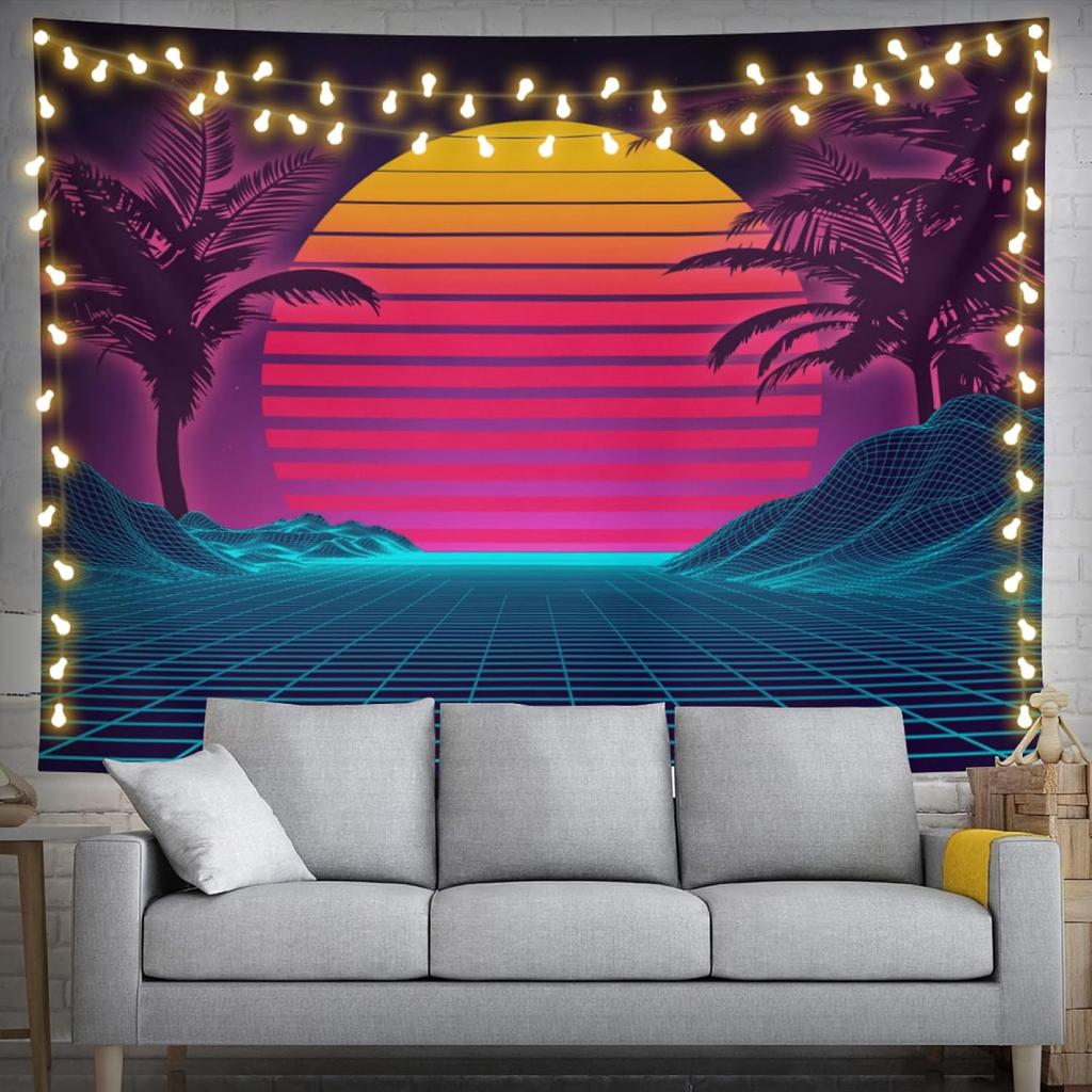 Synthwave Neon Retro Palmy Zachód Słońca Gobelin Ścienny Estetyczny Vaporwave Disco Tropikalna Sztuka Dekoracja