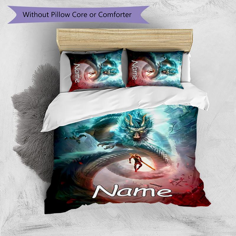 3pcs Custom Name Black Myth Wukong Game Bedding Set Duvet Cover Closure Includes 1 Duvet Cover & 2 Pillowcases for All Seasons Bedroom Decor