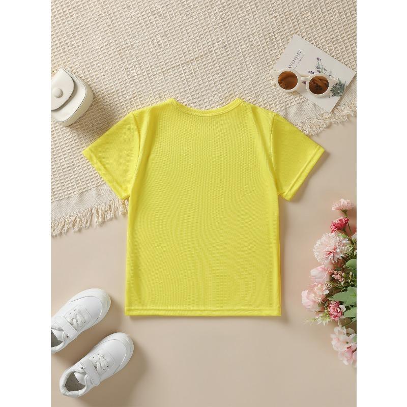 European Size Girls Round-neck Short-sleeved T-shirt with Cartoon Pink Little Dinosaur Pattern Print