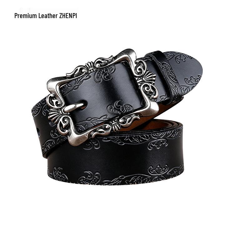 Luxury Retro Palace Style Women's Leather Belt with Butterfly Embossed Carved Buckle