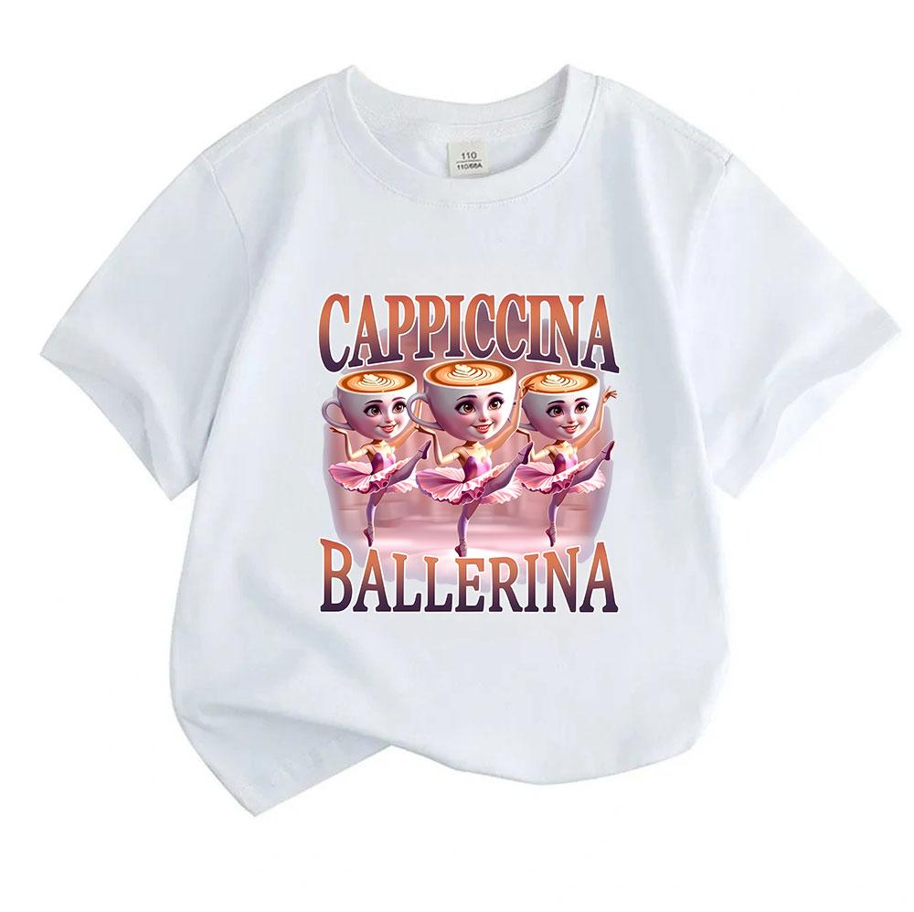 Kids Boys Girls 100% Cotton Crew Neck Short Sleeve T-Shirt, Funny Cappiccina Ballerina Coffee Cartoon Print Casual Soft Tee Tops for Daily Wear