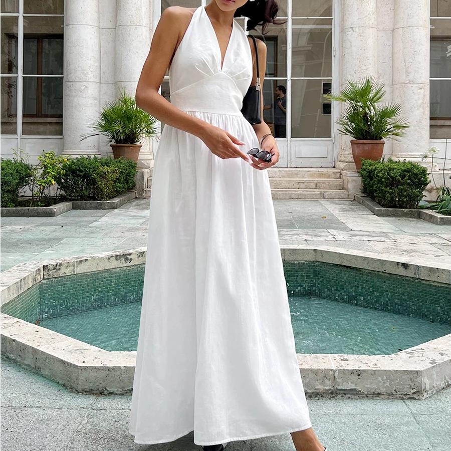 Cotton Long Dress With Waist Cinched V-neck And Large Swing, Tied Long Skirt For Women