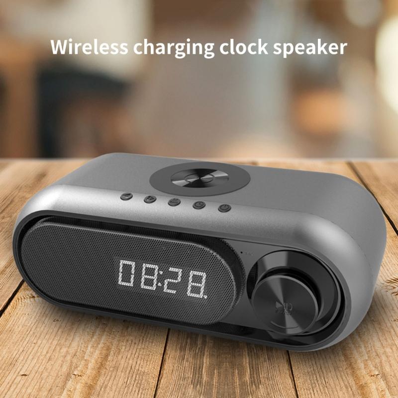 Portable Bluetooth-compatible Loudspeaker with Clock LED Time Display 15W Wireless Charging Multifunctional Digital Clock