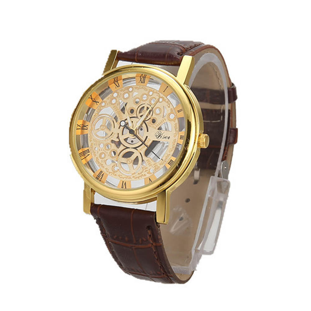 Men’s Skeleton Mechanical Watch with White Leather Strap, Roman Numerals, Transparent Dial, Classic Vintage Design, Automatic Movement