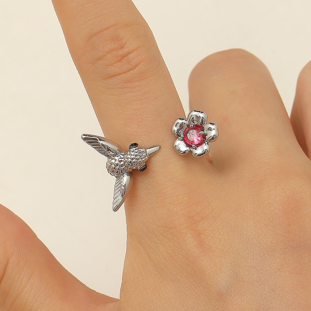Hummingbird & Flower Open Ring Collection, Gold/Silver Tone Adjustable Gemstone Bird Rings for Women