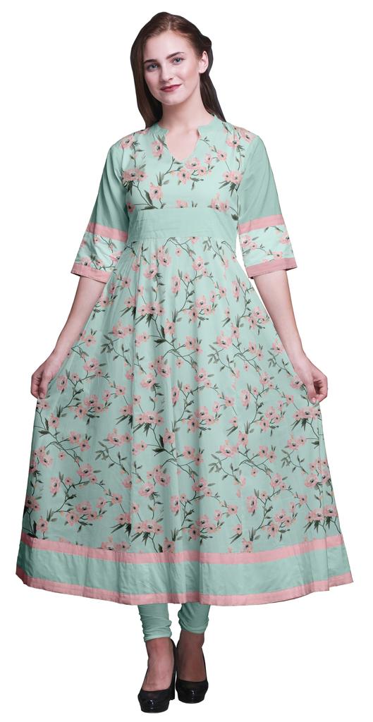 Bimba Gold Leaves & Peony Floral Printed Womens AnarkaliA  KurtiA  Kurta Flared Maxi Blouse