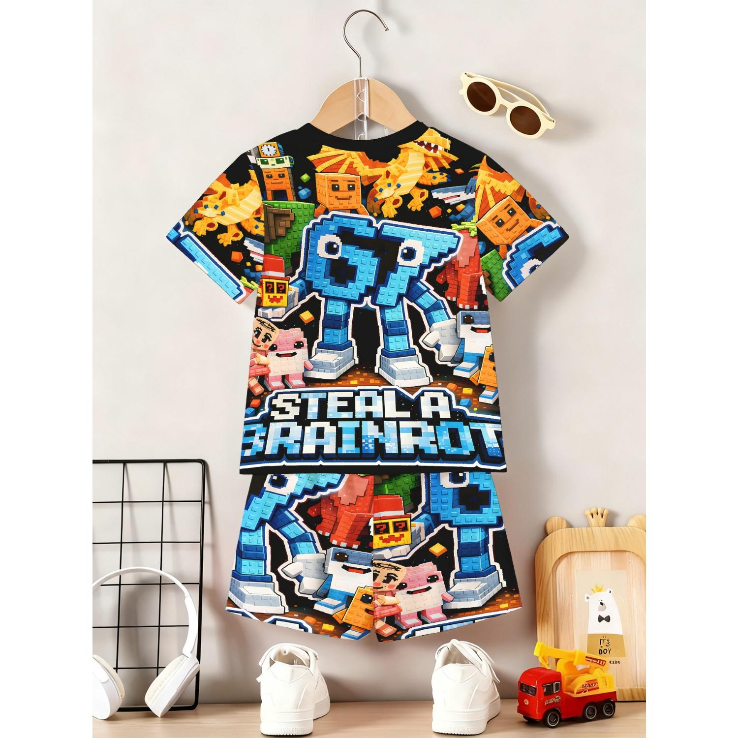 

Print Design - Texture-Free Boys 67 Pixel Style Cartoon Team Full Print Short Sleeve Shorts Set, Trendy and Cool Kids Two-Piece Set 5-6 Years