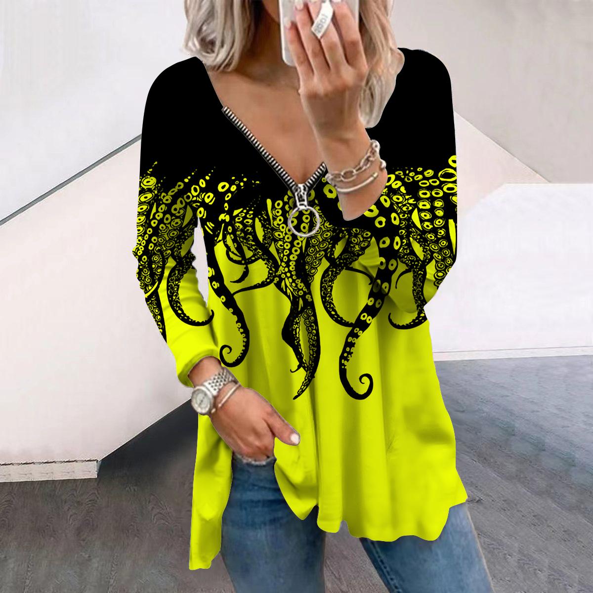 

Женские осенние футболки с длинным рукавом и принтом бороды осьминога, свободные футболки больших размеров с V-образным вырезом, удобные блузки 8XL жёлтый