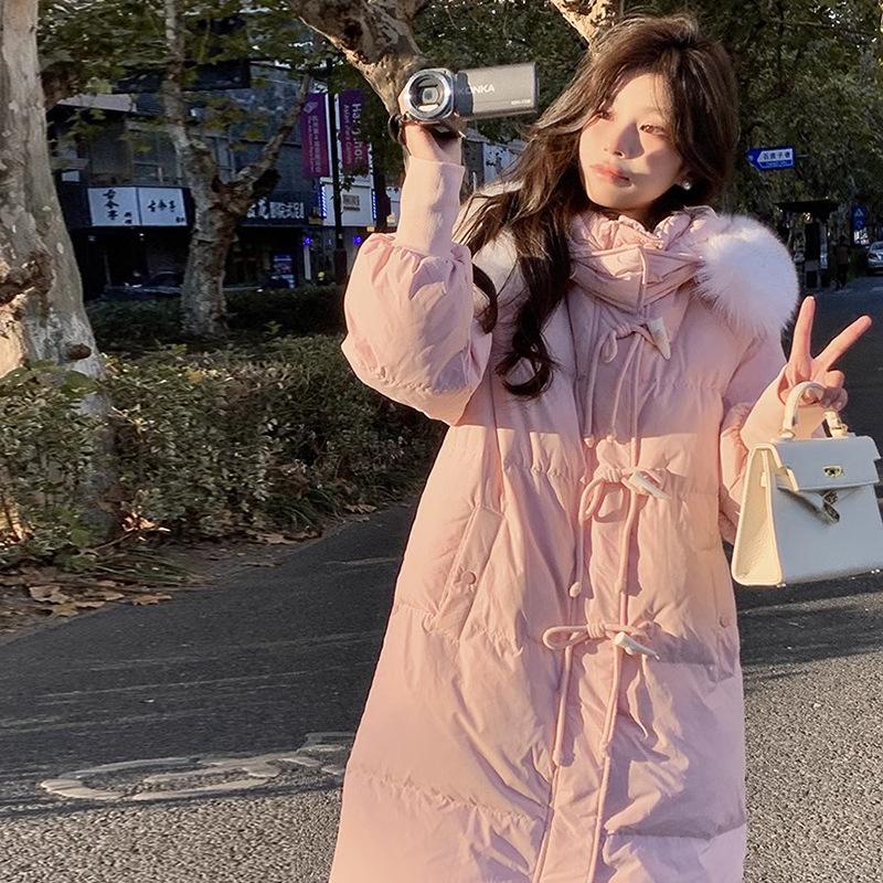 

Угловая пряжка лисий большой меховой воротник пуховик женский 2025 зимняя мода милый теплый белый утиный пух утолщенная куртка до колена S