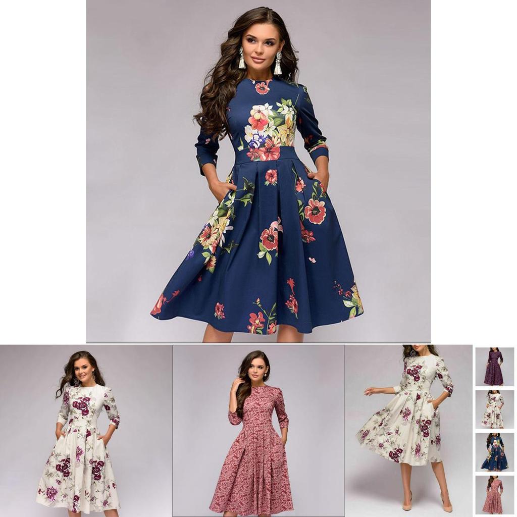 Women's Fashion Vintage Print Long Sleeve Puff Dress In Elegant Floral Pattern