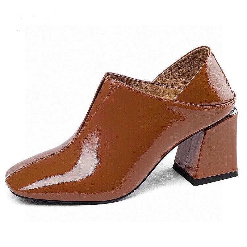 High heels women's early spring new first-layer cowhide patent leather deep-mouth single shoes square head thick heel two shoes