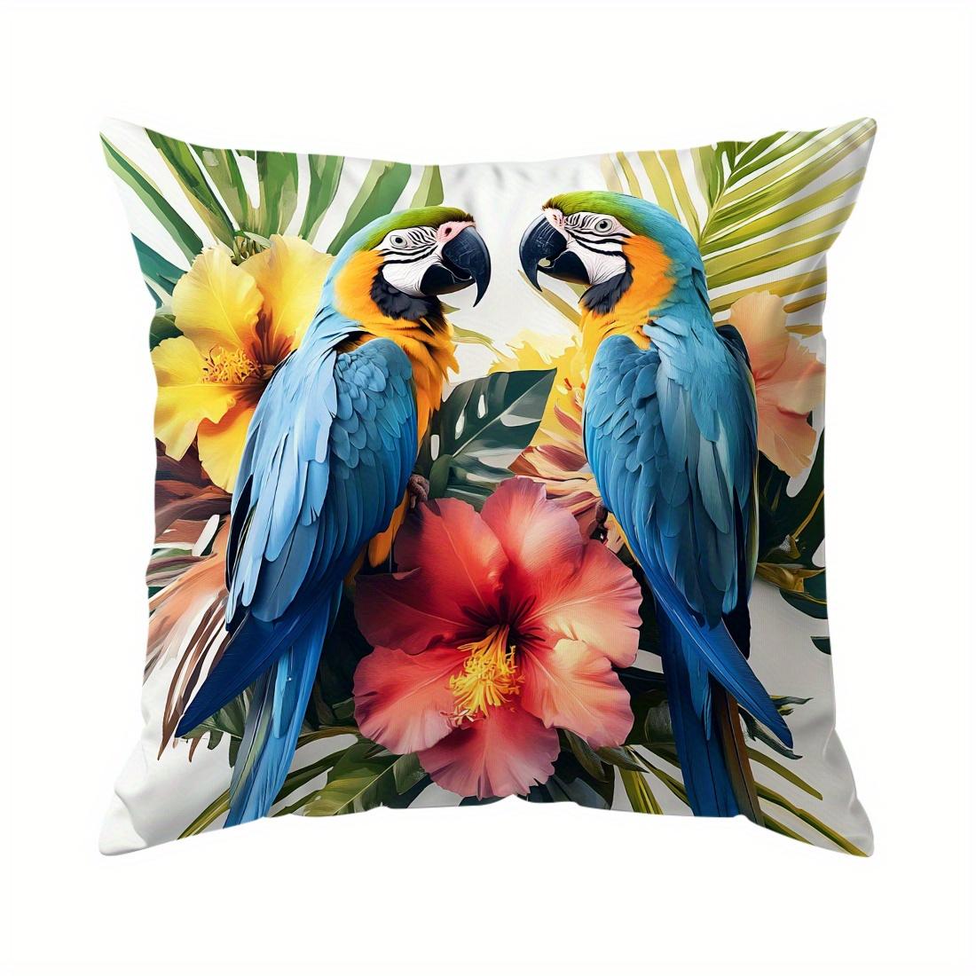 1 pièce Taie d'oreiller double face imprimée perroquet et fleur aquarelle - Housse de coussin de canapé en polaire pêche 45_ 45cm 45x45cm
