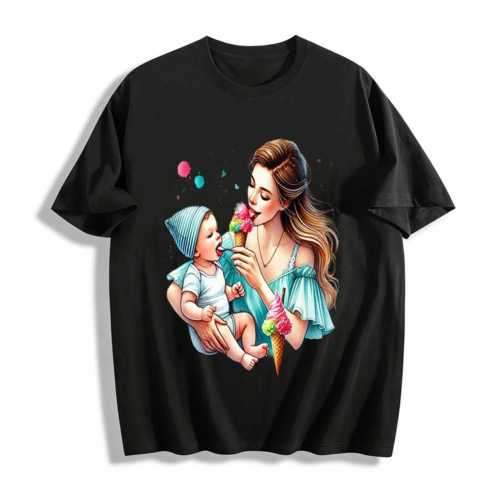 Mom And Baby Ice Cream Time Print Casual Parent-child T-shirt Pure cotton T-shirt XXS