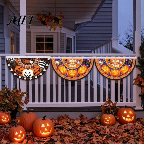 Outdoor Halloween Decorations Semi Circle Bunting Banner, Pumpkin Bat Porch Yard Decor, Festive Window Hanging Spooky Flag for Indoor Party