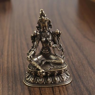 Statua Buddha in Rame Antico Decorazione per Casa Soggiorno Ufficio Statuette Buddha Tara Verde Cinese Tibetano in Ottone Retrò