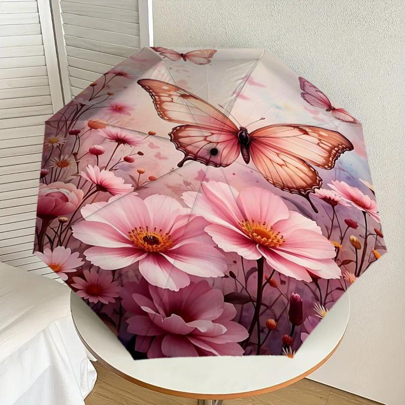 1pc Butterfly Flowers Automatic Open/Close Umbrella Compact Folding Umbrella with 8-Rib Shaft for Women/Men, Portable Travel Umbrella,1181S