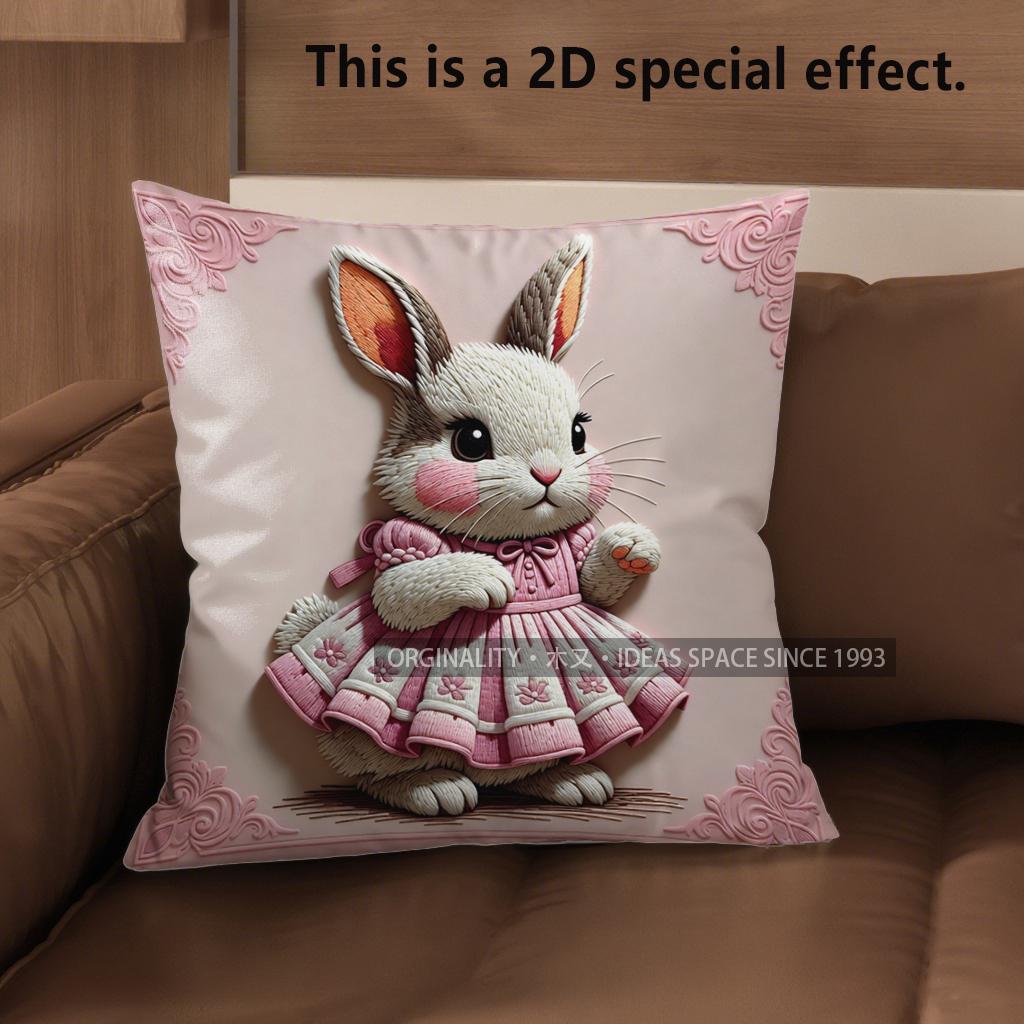 2D Cute Bunny Dressed In Pink Floral Dress Pillow Covers Pattern Cushion Cover Suitable For Sofa Bedroom Car Pillow Cover