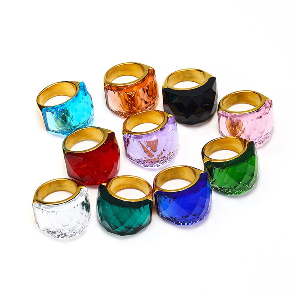 Titanium Steel Bold Gradient Ring Semi-Transparent Multi-Color Zircon Jewelry Edgy Stackable Everyday Accessories