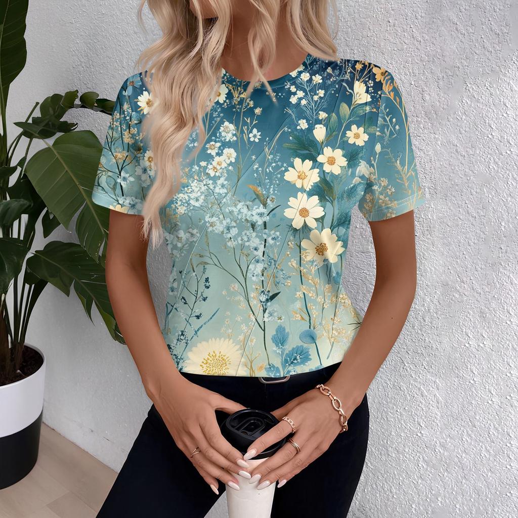 Women's Short Sleeve Tops Pleated  Neck Loose Fit T-Shirt