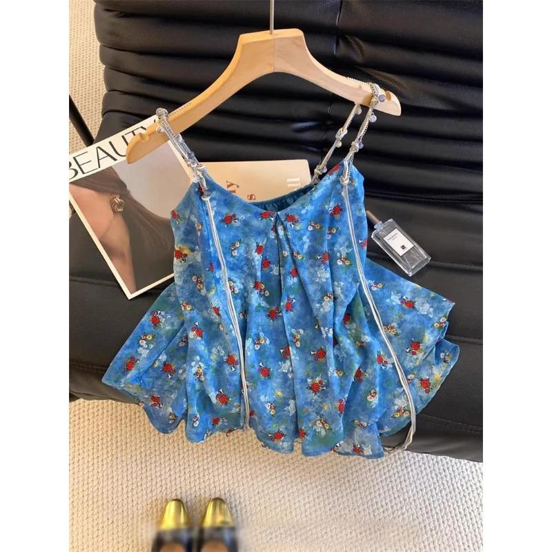 

Women s Floral Print Spaghetti Strap Top Blue Chiffon Zipper Detail Ruffled Camisole Onesize синій