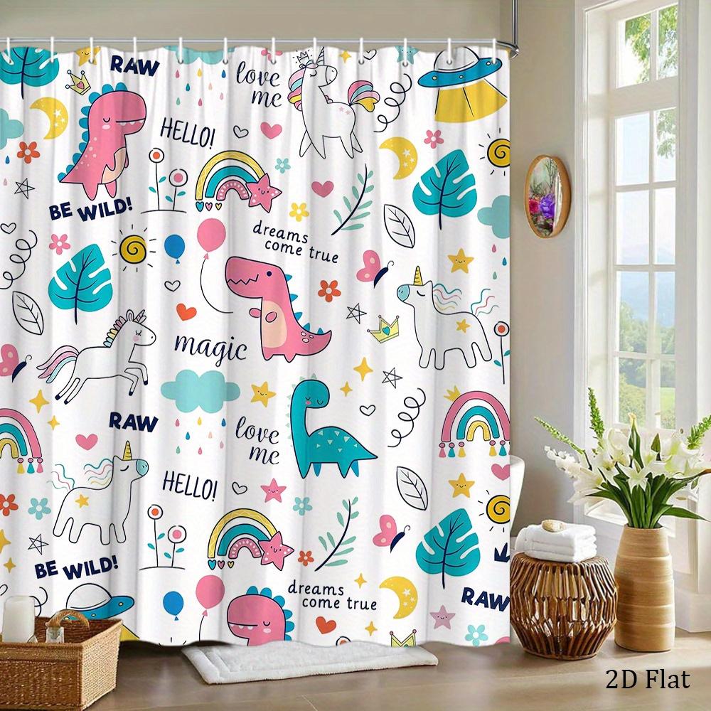 Kids Fantasy Shower Curtain 1pc Dinosaur, Unicorn & Rainbow Pattern, Playful Bath Curtain for Children's Room and Nursery Decor