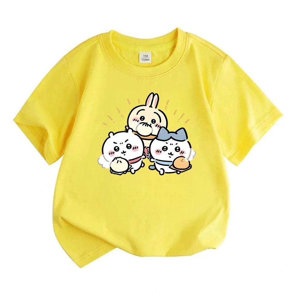 Kids Boys Girls 100% Cotton Crew Neck Short Sleeve T-Shirt, Cute Chibi Cartoon Three Friends Print Casual Soft Breathable Tee for Daily Play Wear, Lov