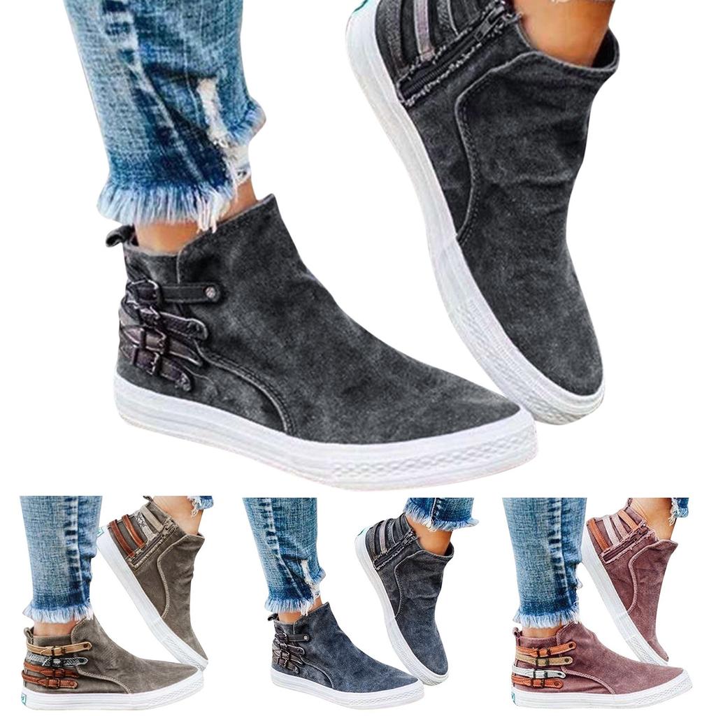 European And Casual Belt Side Zipper Denim Single Shoes Canvas Shoes Pool Sandals