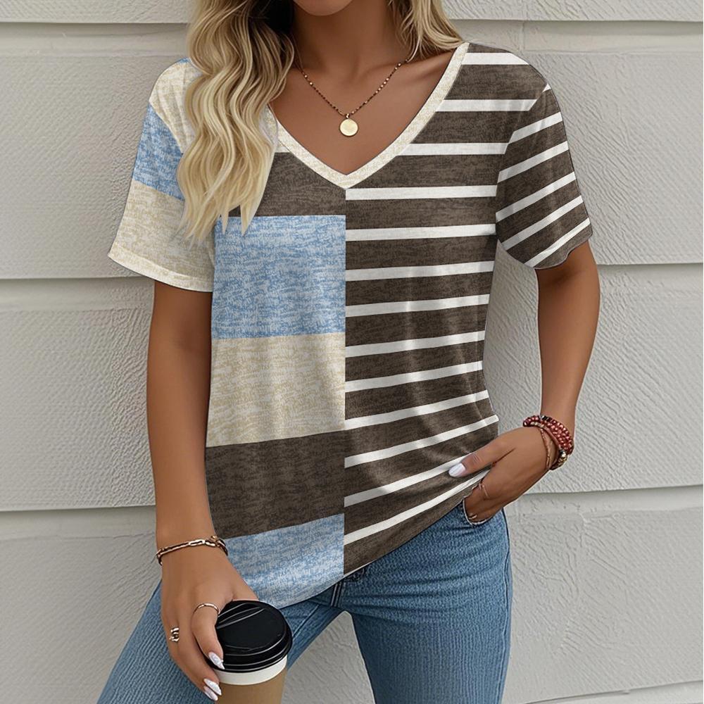 Summer Ladies Striped Printing Oversized T-Shirt Retro Fashion Casual V Collar Women Short-Sleeved T-Shirt