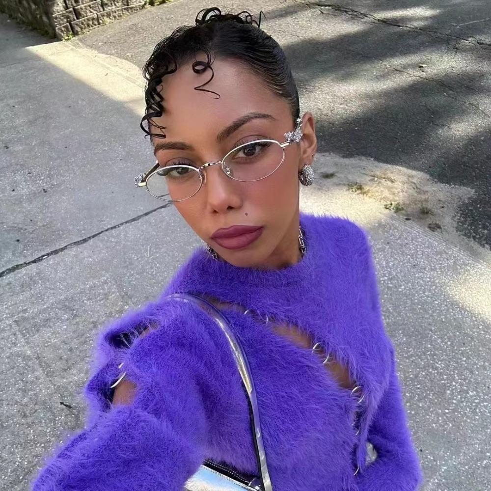 INS Rhinestone Sunglasses Y2k Anti-Blue Light Spectacles Convenient Oval Women Sunglasses Selfie