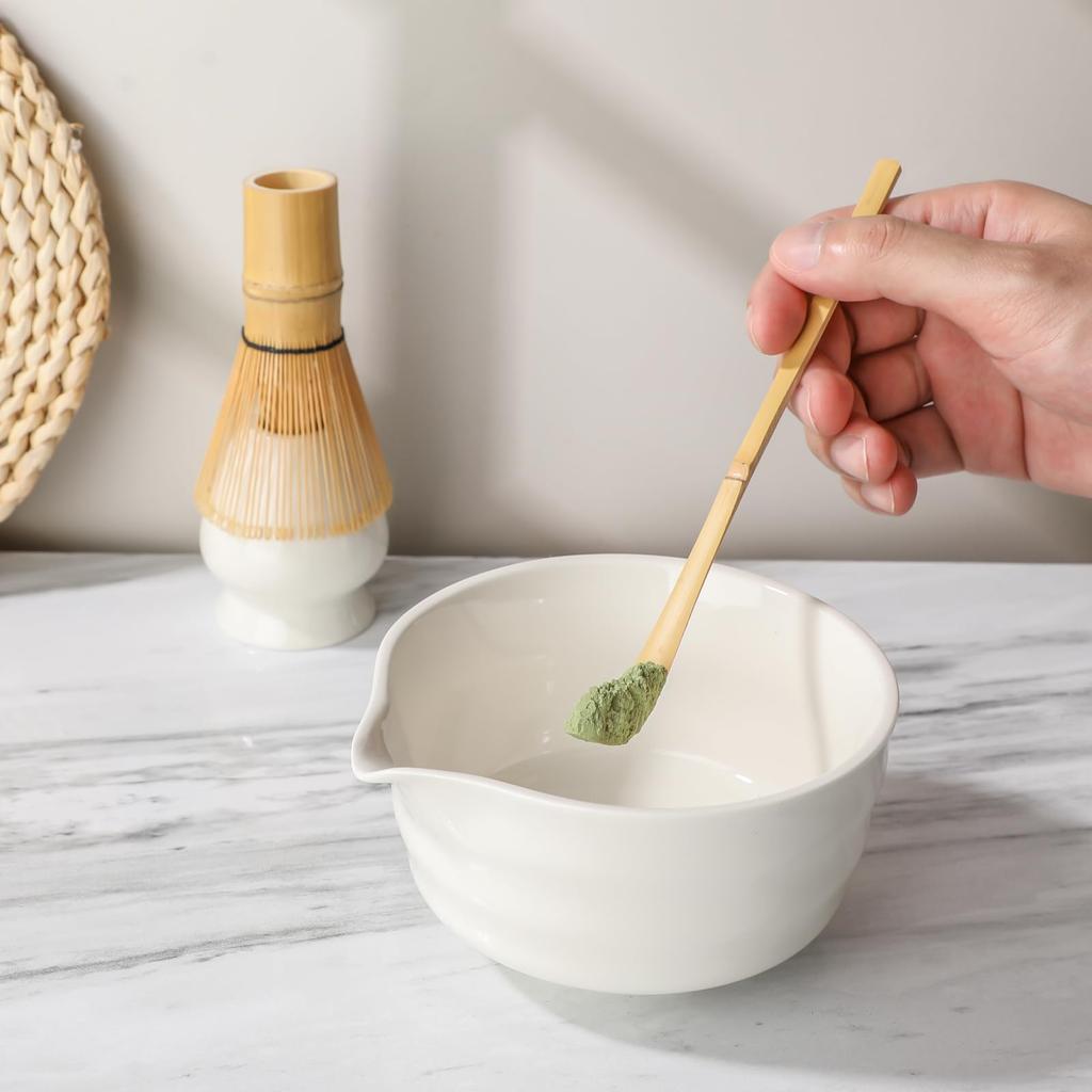 Tea ceremony set including a spouted matcha a tea whisk a tea whisk and a tea bowl, (100 prisms), stand, scoop.
