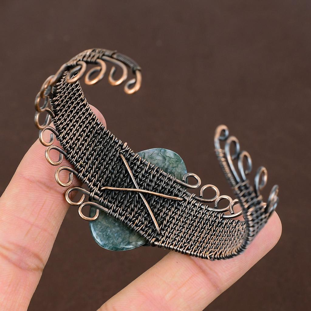 Natural Green Aventurine Gemstone Handmade Copper Wire Wrap Bangle Adj. H4d32