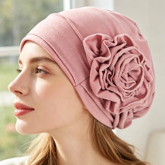 Turban Hat for Women, Side Flower Decor Head Wrap, Pure Color High Elasticity Turban Cap for Sensitive Scalp Postpartum Care Sleep