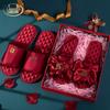 Red Satin Wedding Slippers for Couples - Festive His & Hers Bride and Groom Morning Shoes
