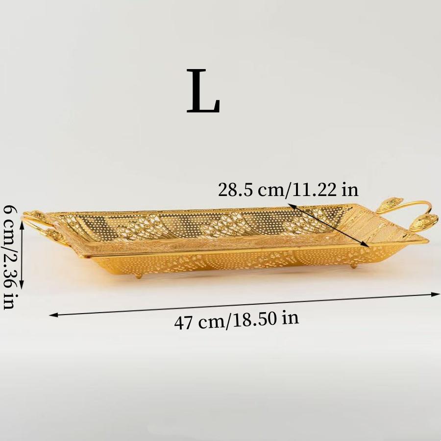 European Cake Tray,Household Metal Rectangle Hollowed-Out Shape Golden Handle Fruit Plate,Snack Plate Party Decoration,18 inch