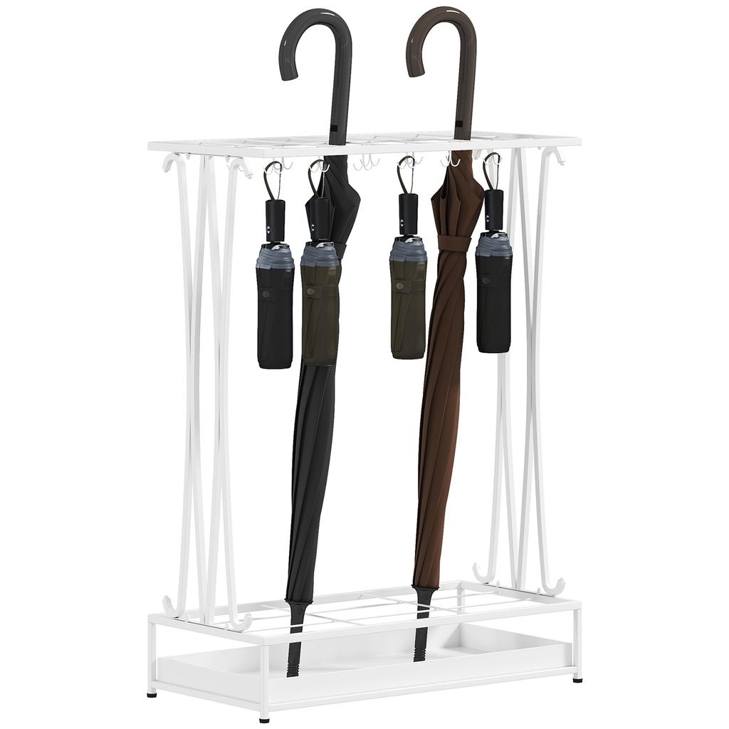 Umbrella Stand with Removable Drip Water Tray, Umbrella Stand with 21 Openings and 24 Hooks, Steel, White