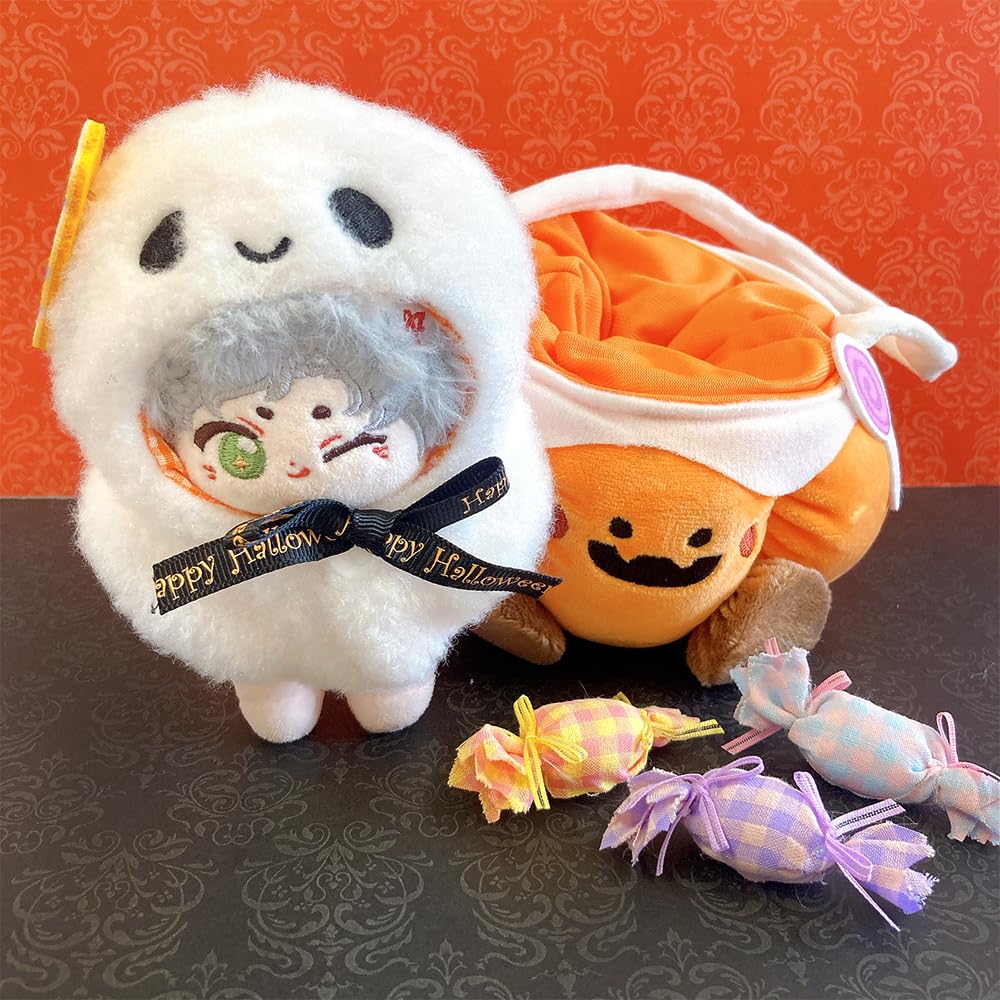 Ghost Poncho & Pumpkin Bag Set for 10cm Plush Toy, Kigurumi Accessories, Otaku Activities, Doll Mascot, Kpopdoll Costume [Used]